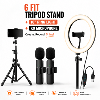 6 Ft Tripod Stand, 10" LED Ring Light & K9 Wireless Microphone Combo – Professional Content Creation Kit with Ultra-Low Latency, 20m Range & Adjustable Light Stand
